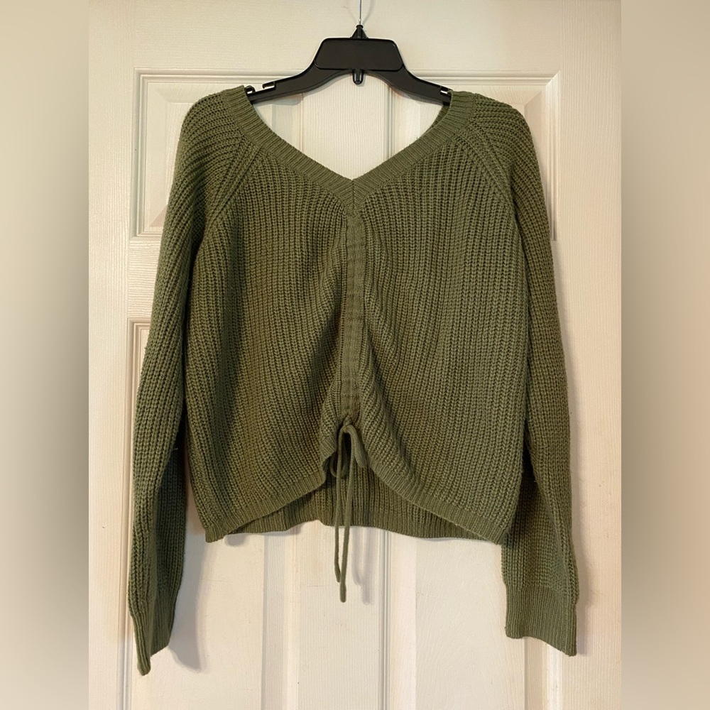 Love J Olive Green Ruched Front Cropped Sweater